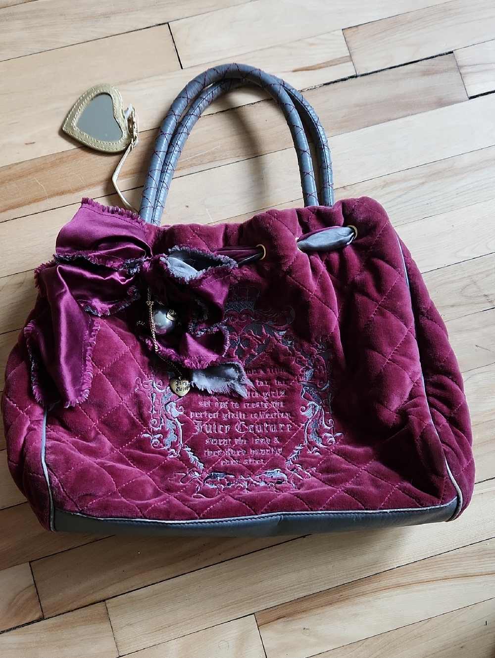 Juicy Couture Quilted Velvet Tote in Burgundy with Gray Trim